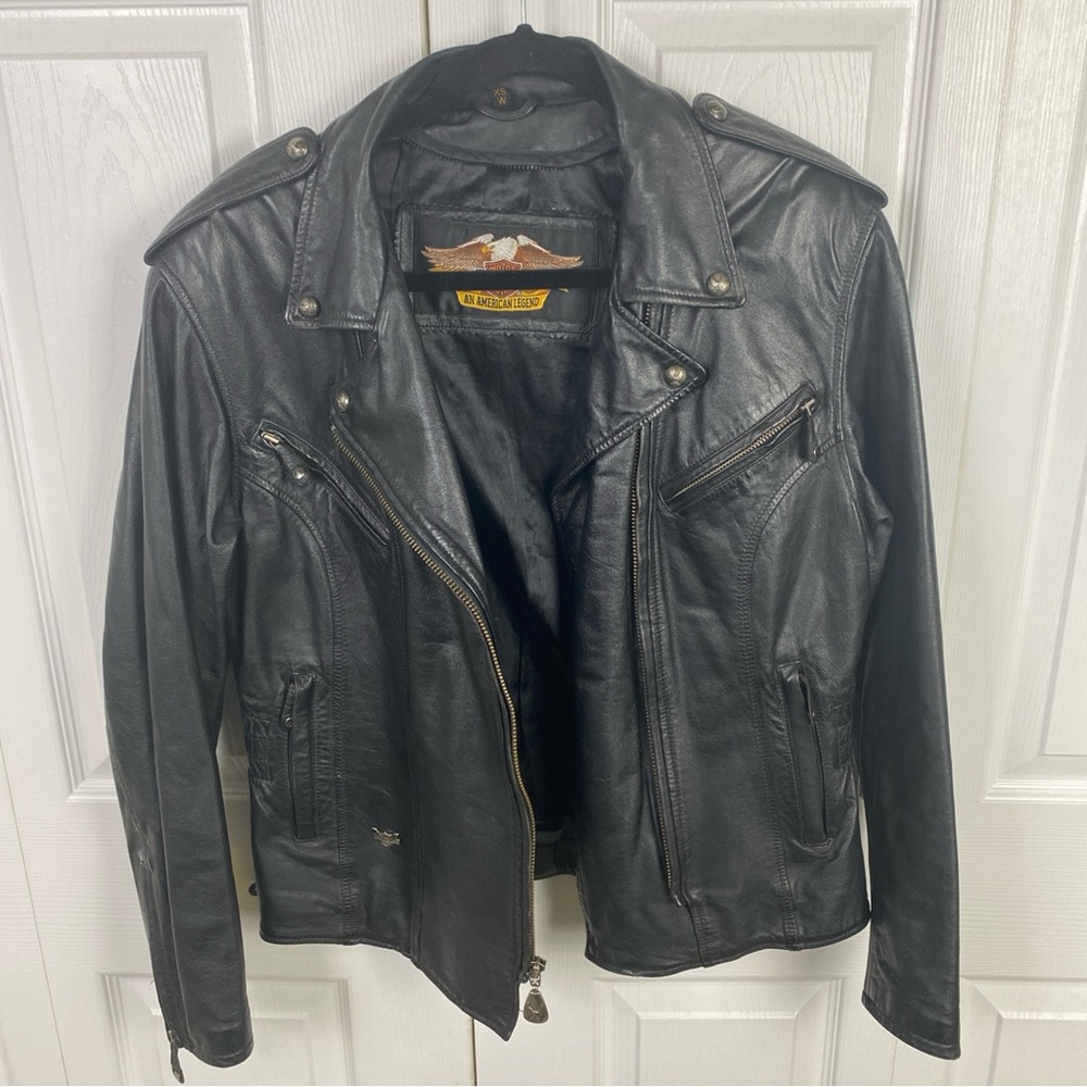 Harley Davidson Leather Jacket Women XS ZIP Out Liner Riding Black Off Center 50 - Picture 10 of 10